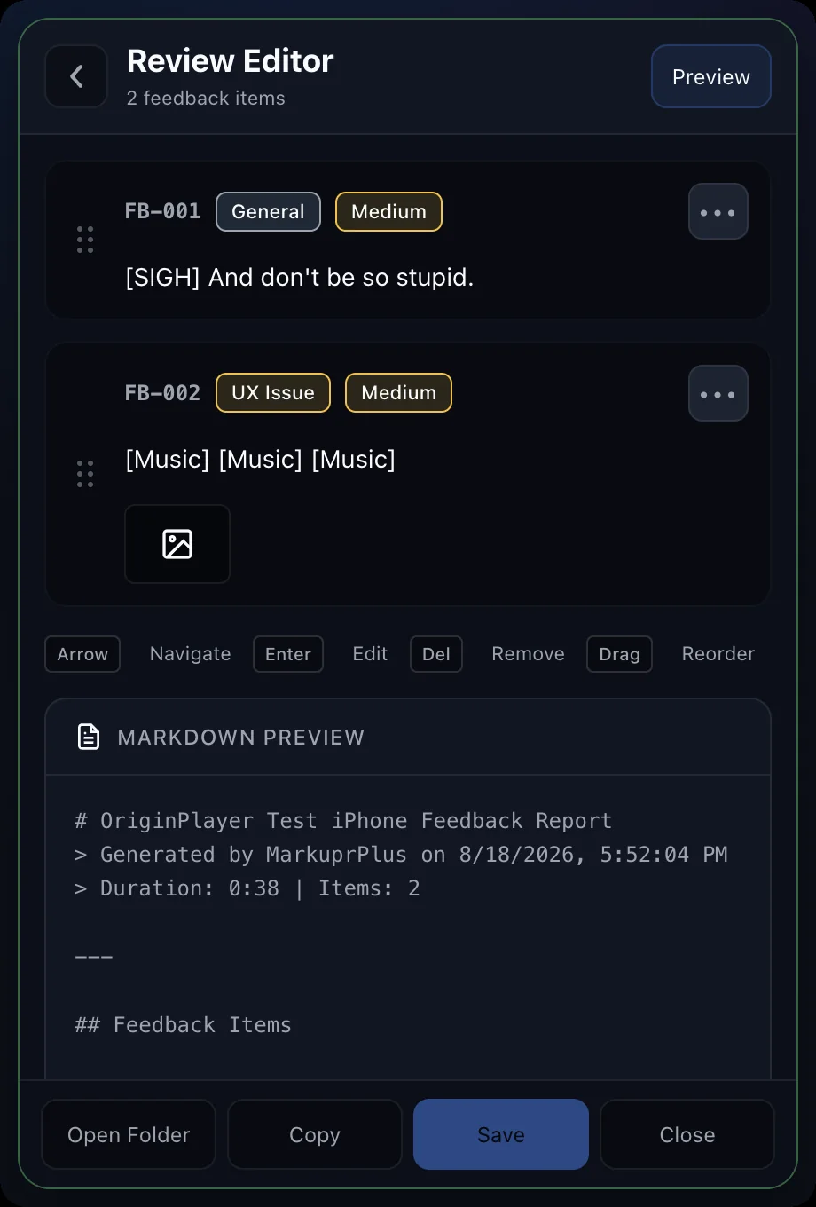 The MarkuprPlus report review preview.